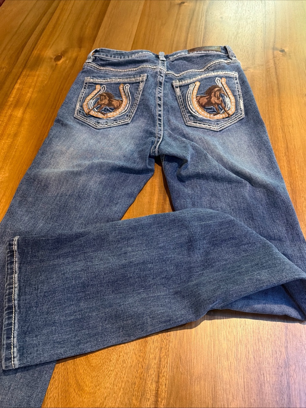 Rock & Roll Denim Mid Rise Bootcut Western Horse Horseshoe Embroidered Jeans 27